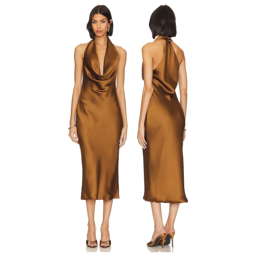 Norma Kamali Halter Drape Dress Midi Cowl Bias Satin Party Formal Cocktail S